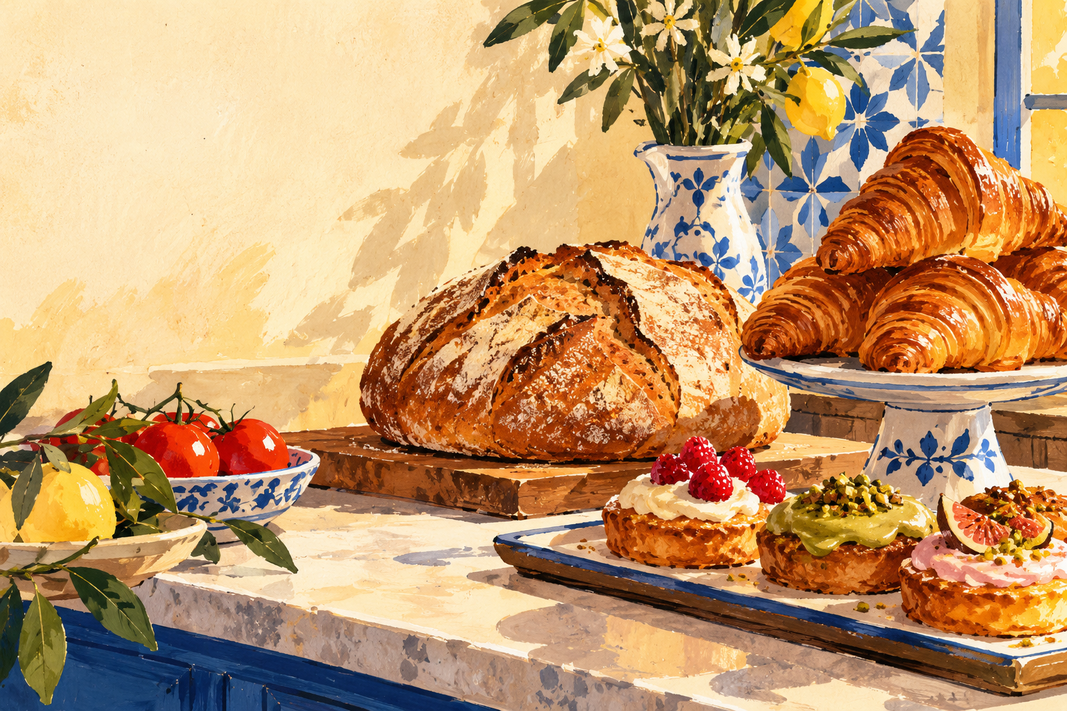 Ilustración de pan, croissants y pasteles del horno